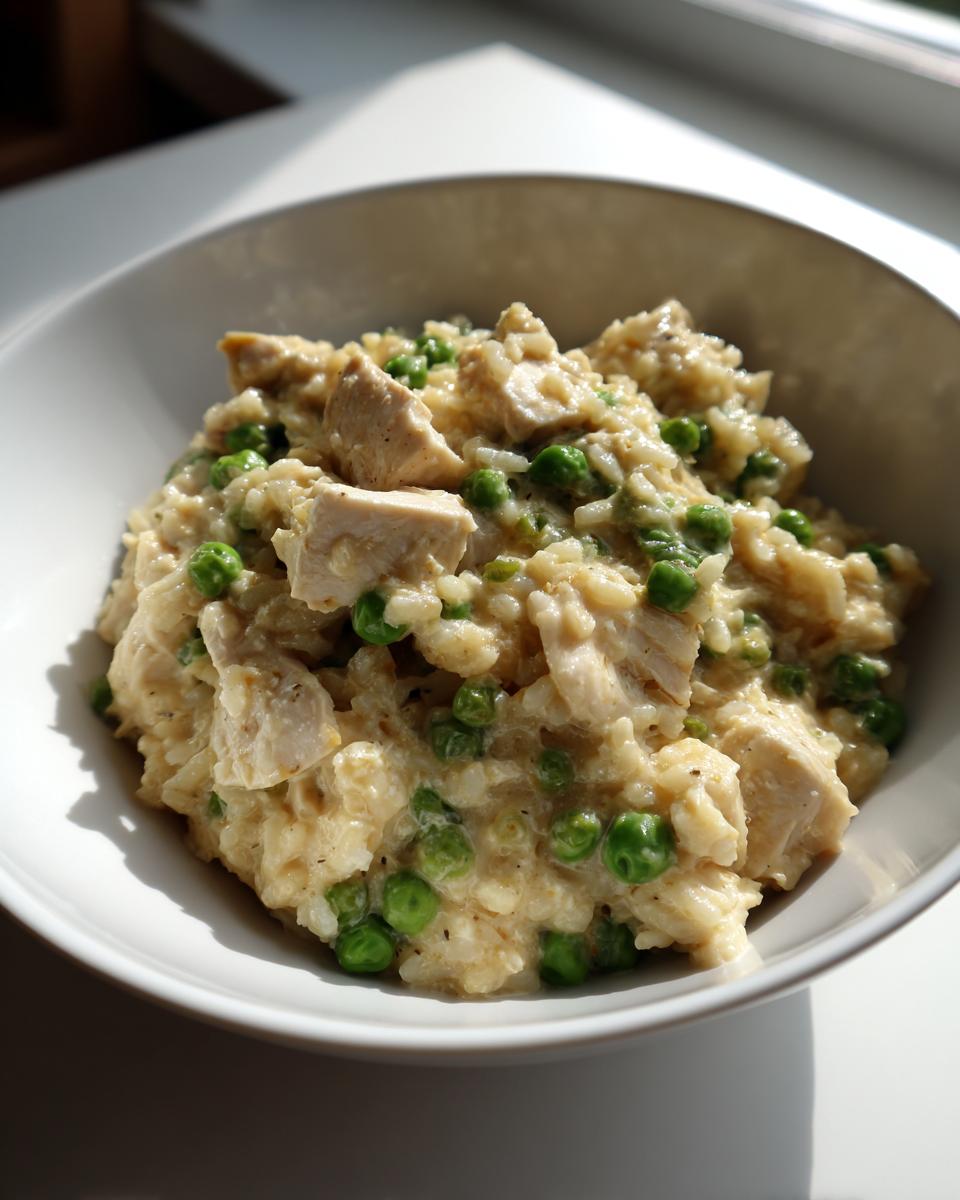 Close-up of creamy one pot chicken and rice mixed with bright green peas served in a white bowl.