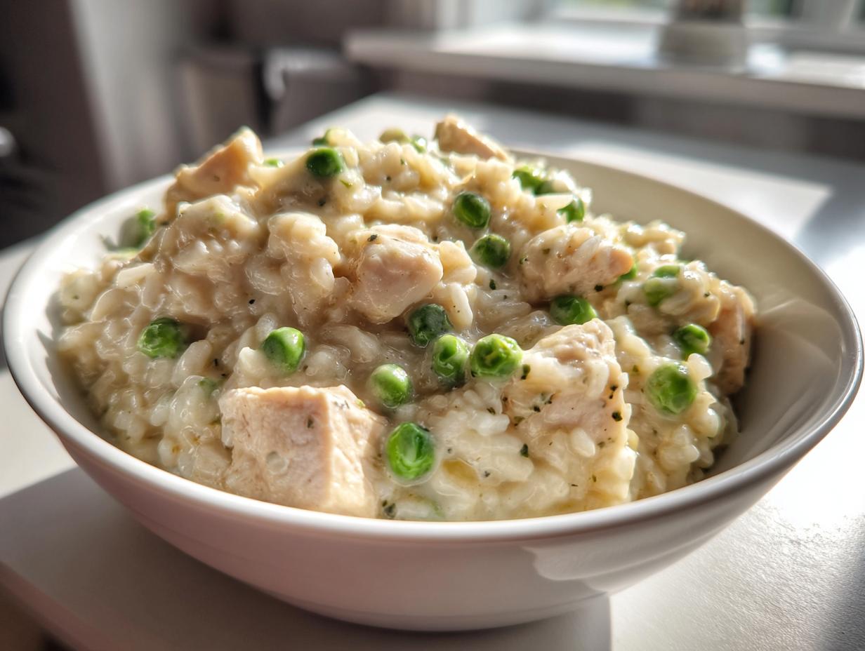 Close-up of creamy one pot chicken and rice mixed with bright green peas served in a white bowl.