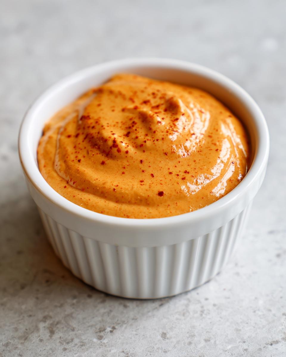 Close-up of a thick, creamy orange burger sauce sprinkled with paprika in a small white ramekin.