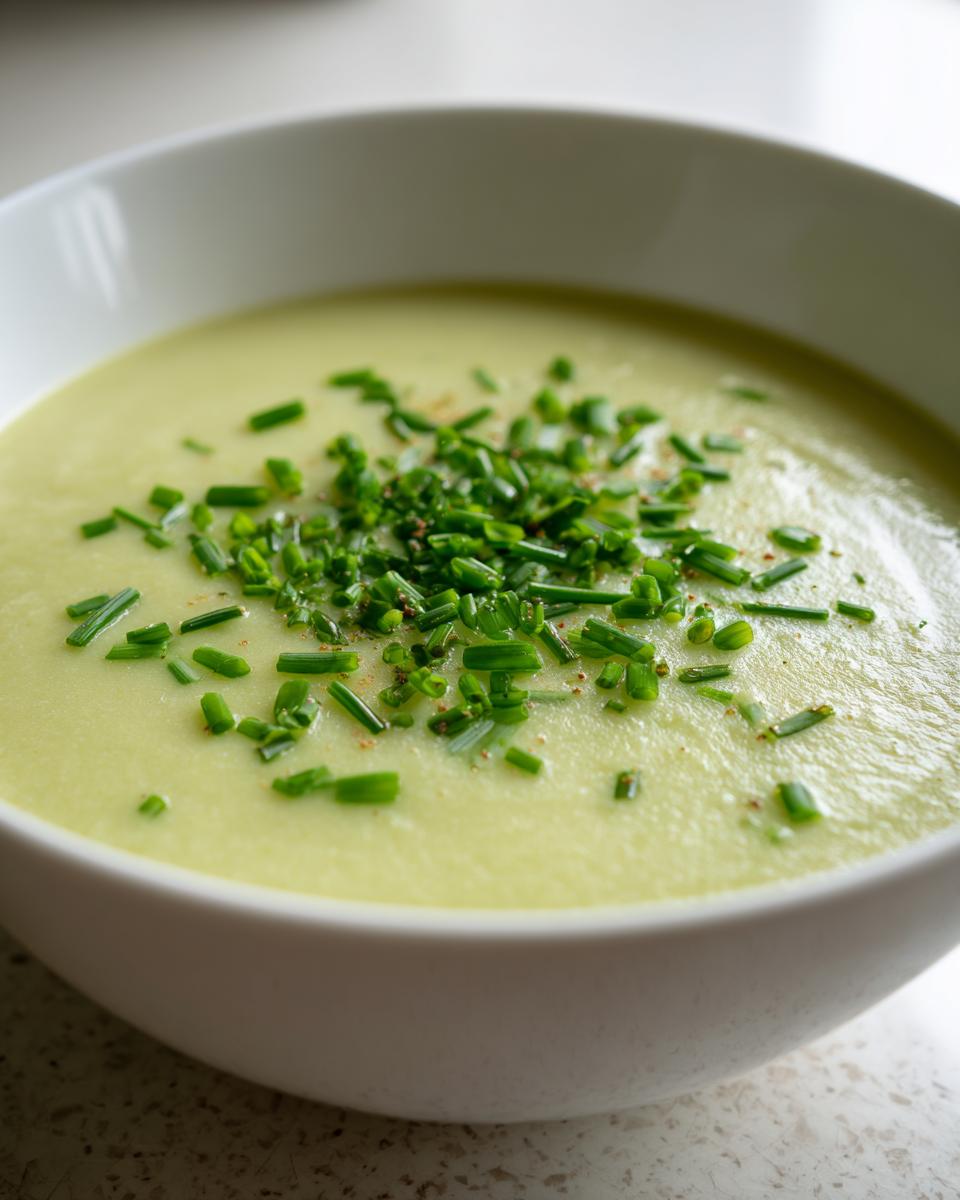 Close-up of creamy potato leek soup topped with fresh chopped chives and a sprinkle of spice.