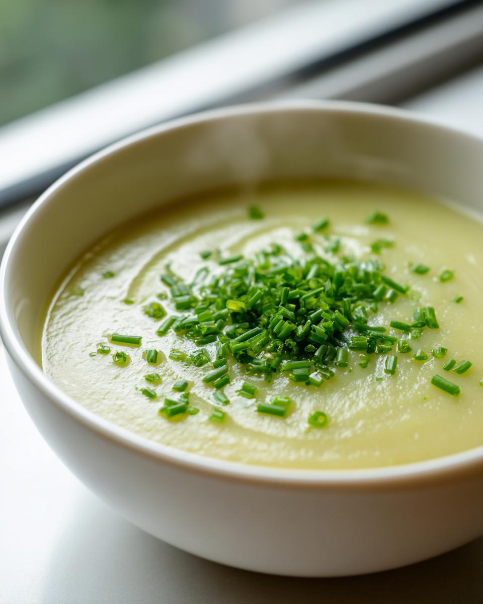 Close-up of a bowl of creamy potato leek soup garnished generously with bright green chopped chives.