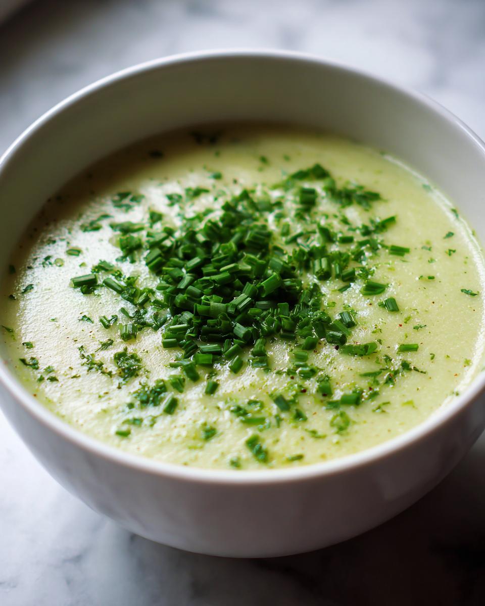 Close-up of a bowl of creamy potato leek soup garnished generously with freshly chopped green chives.