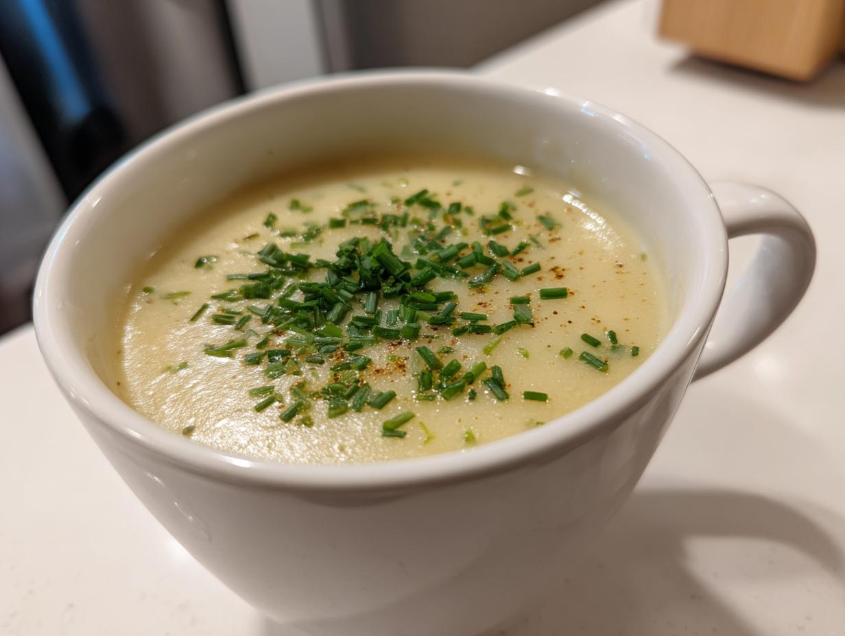 A close-up of creamy potato leek soup topped with fresh chopped chives in a white mug.