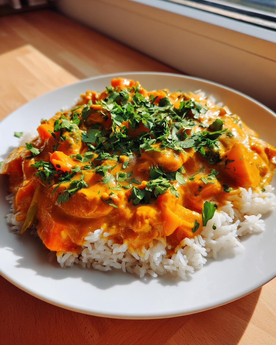 A vibrant, creamy pumpkin curry served over a bed of fluffy white rice and generously topped with fresh cilantro.