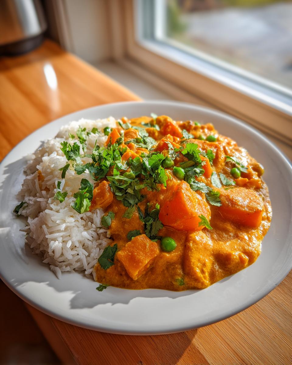 A white plate featuring a serving of bright orange pumpkin curry next to white rice, garnished with fresh cilantro.