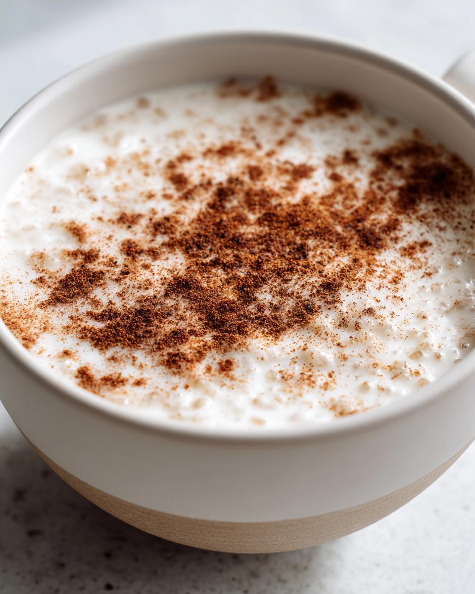 Close-up of a bowl of creamy rice pudding recipe dusted generously with ground cinnamon.