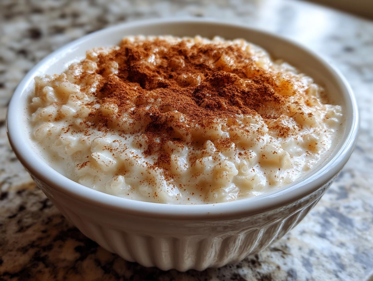 Close-up of a white bowl filled with creamy rice pudding recipe, generously dusted with ground cinnamon.