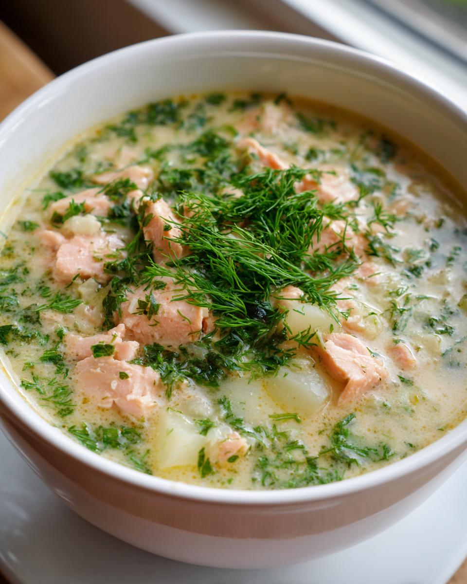 A close-up of a bowl of creamy salmon soup featuring chunks of pink salmon, potatoes, and topped generously with fresh dill.