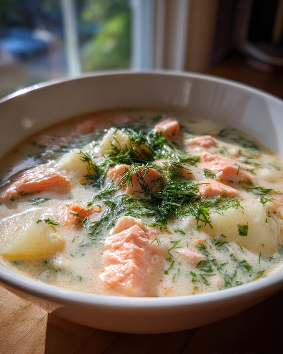 Close-up of a creamy salmon soup with chunks of pink salmon, potatoes, and fresh dill garnish.