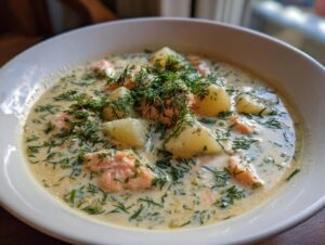 A close-up view of a bowl of rich, creamy salmon soup featuring chunks of pink salmon, boiled potatoes, and generous fresh dill.