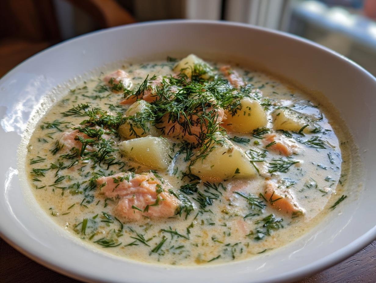 A close-up view of a bowl of rich, creamy salmon soup featuring chunks of pink salmon, boiled potatoes, and generous fresh dill.