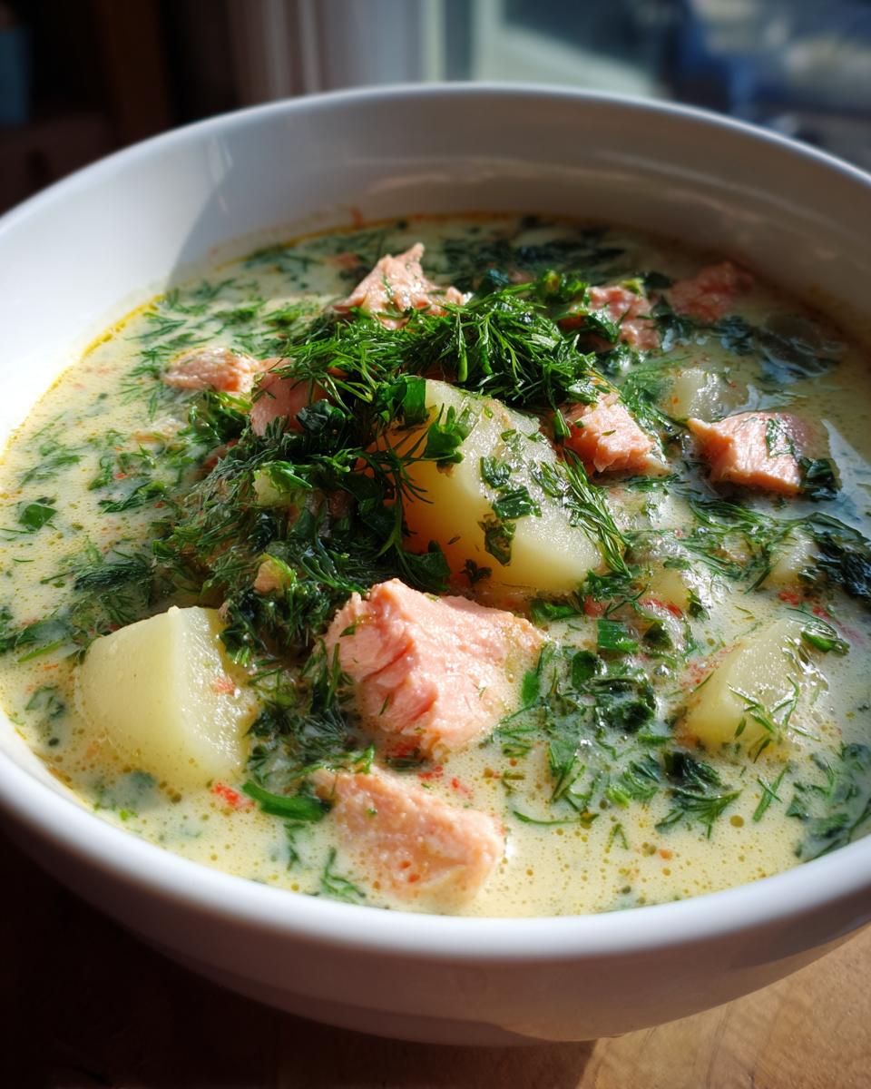 A close-up bowl of creamy salmon soup featuring chunks of pink salmon, potatoes, and fresh dill.
