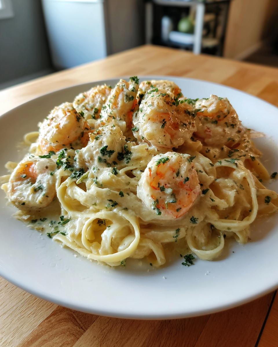 Close-up of creamy shrimp alfredo pasta tossed in rich white sauce and garnished with parsley on a white plate.