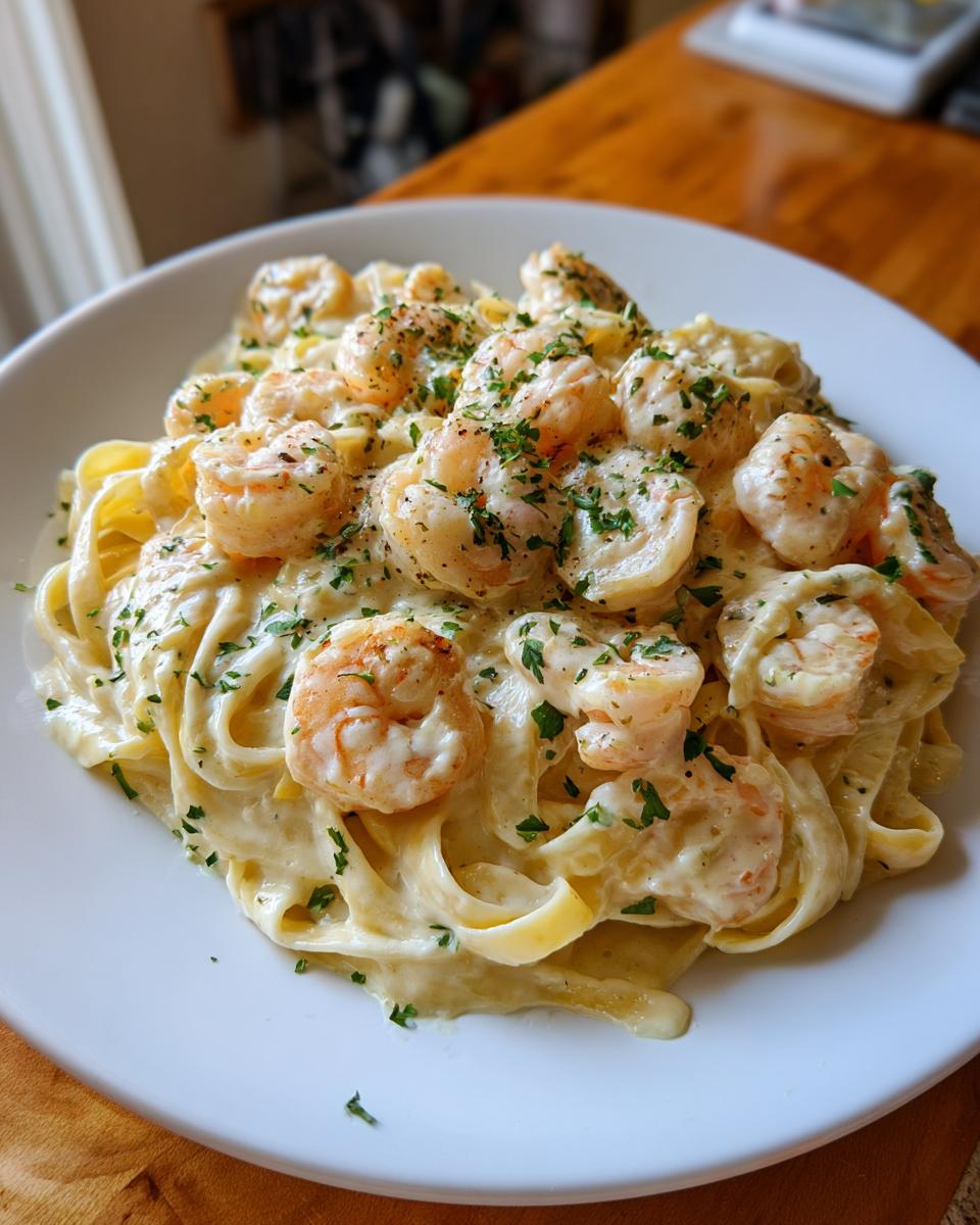 A close-up of creamy shrimp alfredo pasta tossed with fettuccine and topped with fresh parsley.