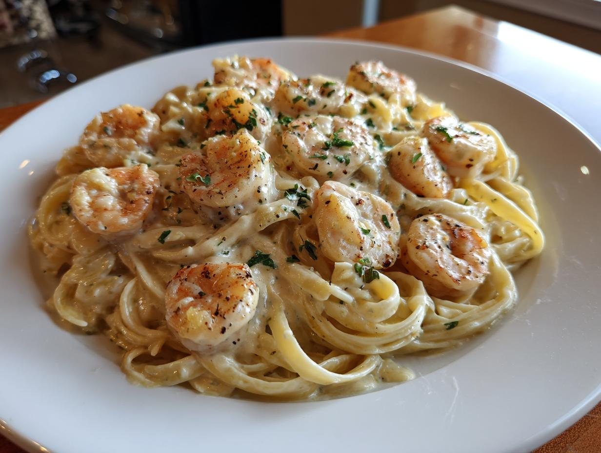 A close-up shot of creamy fettuccine shrimp alfredo pasta topped with seasoned shrimp and fresh parsley.