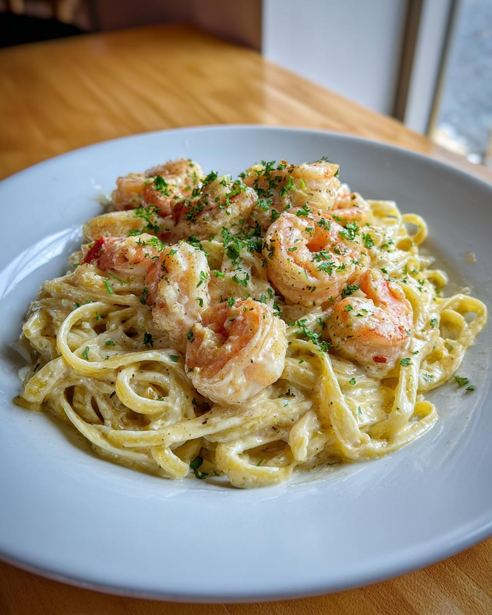 A close-up serving of creamy shrimp alfredo pasta, topped with seasoned shrimp and chopped parsley.