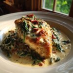 A golden-brown chicken breast smothered in creamy Tuscan sauce with spinach and sun-dried tomatoes, our creamy tuscan chicken.