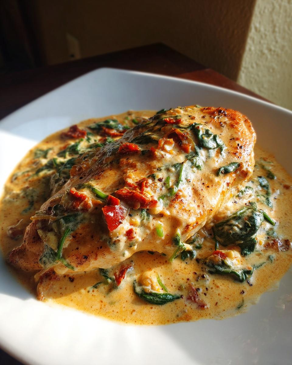 A close-up of a perfectly cooked creamy Tuscan chicken breast smothered in a rich, orange-hued sauce with spinach and sun-dried tomatoes.