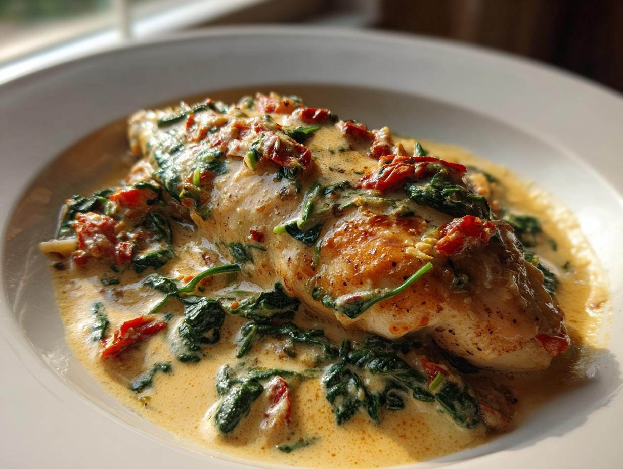 A perfectly cooked piece of creamy Tuscan chicken smothered in a rich, creamy sauce with spinach and sun-dried tomatoes.