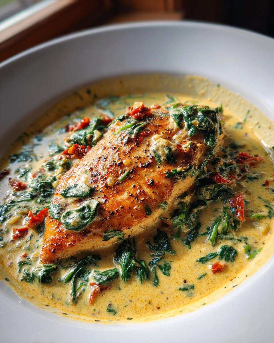 A golden-brown seared chicken breast swimming in a rich, creamy Tuscan sauce with spinach and sun-dried tomatoes, the perfect creamy Tuscan chicken.