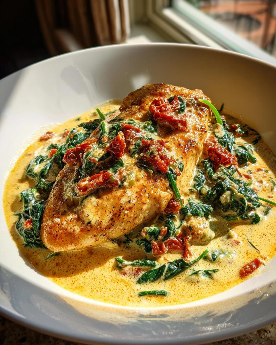 A perfectly seared chicken breast served in a rich, creamy sauce with spinach and sun-dried tomatoes for creamy tuscan chicken.