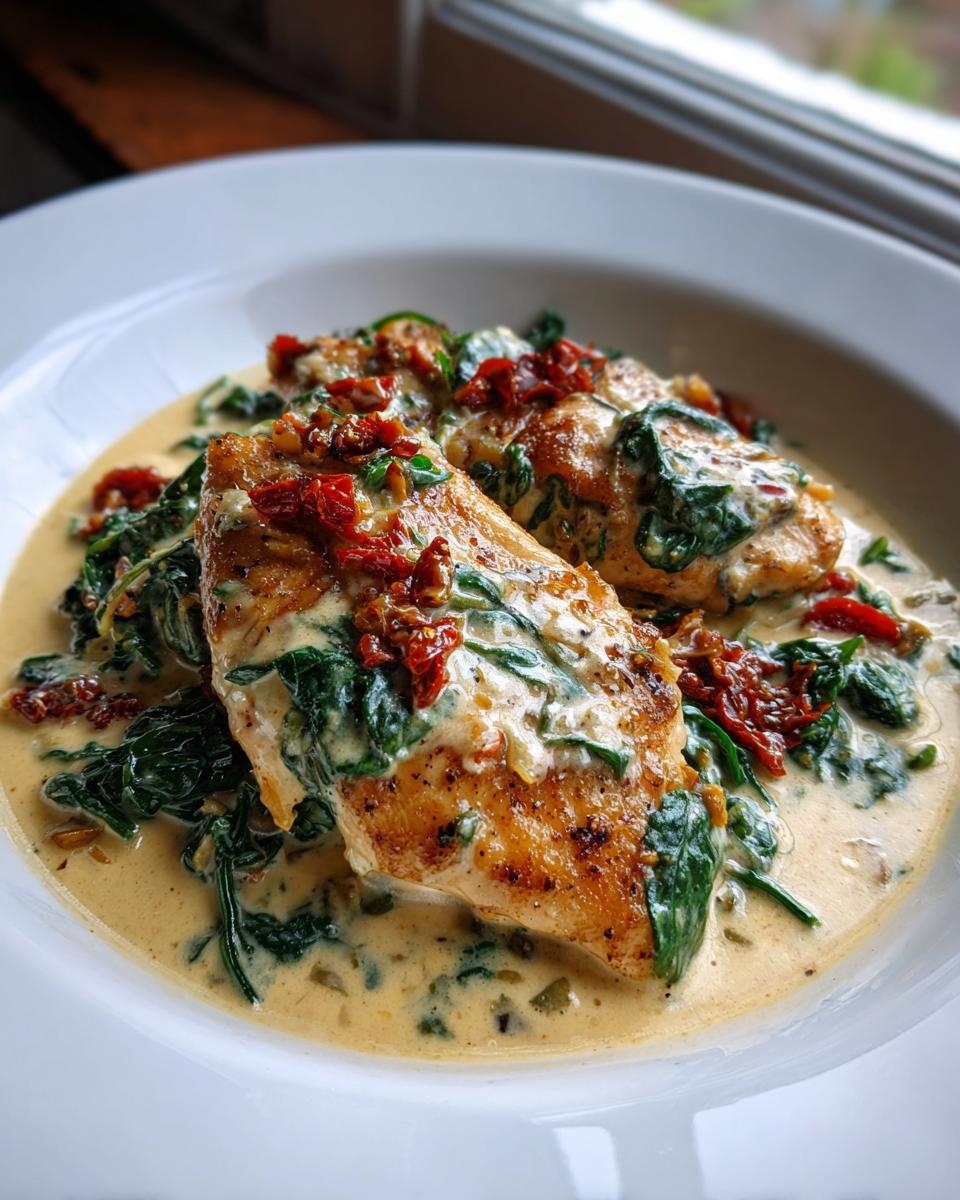 Two golden-brown chicken breasts smothered in a rich, creamy Tuscan sauce with spinach and sun-dried tomatoes, showcasing the creamy tuscan chicken.