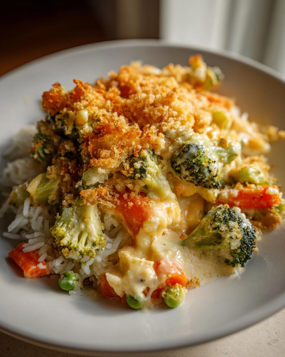 A close-up of a serving of creamy vegetable casserole with broccoli, carrots, peas, and rice, topped with golden breadcrumbs.