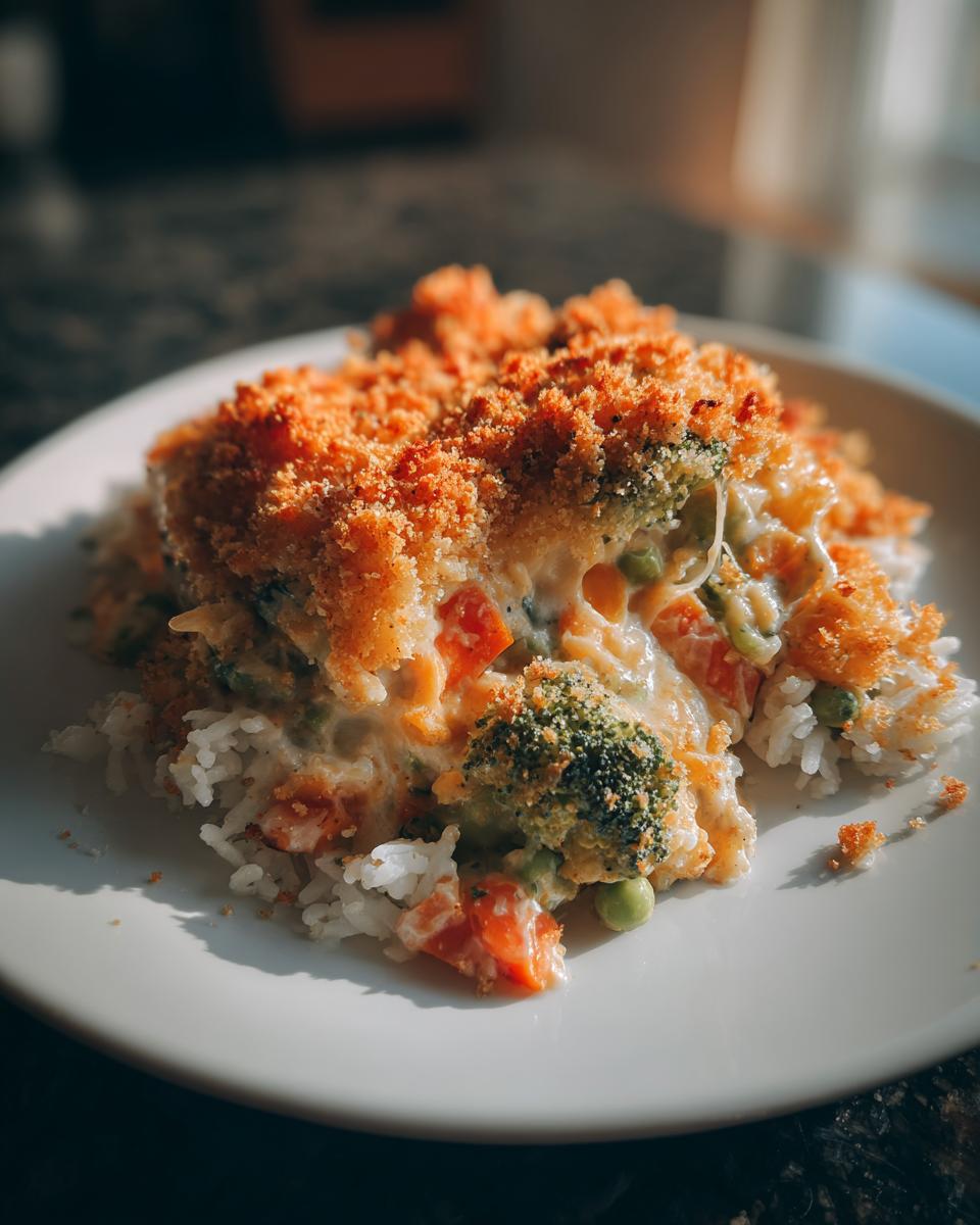 A serving of creamy vegetable casserole with broccoli, peas, carrots, and rice, topped with golden breadcrumbs.