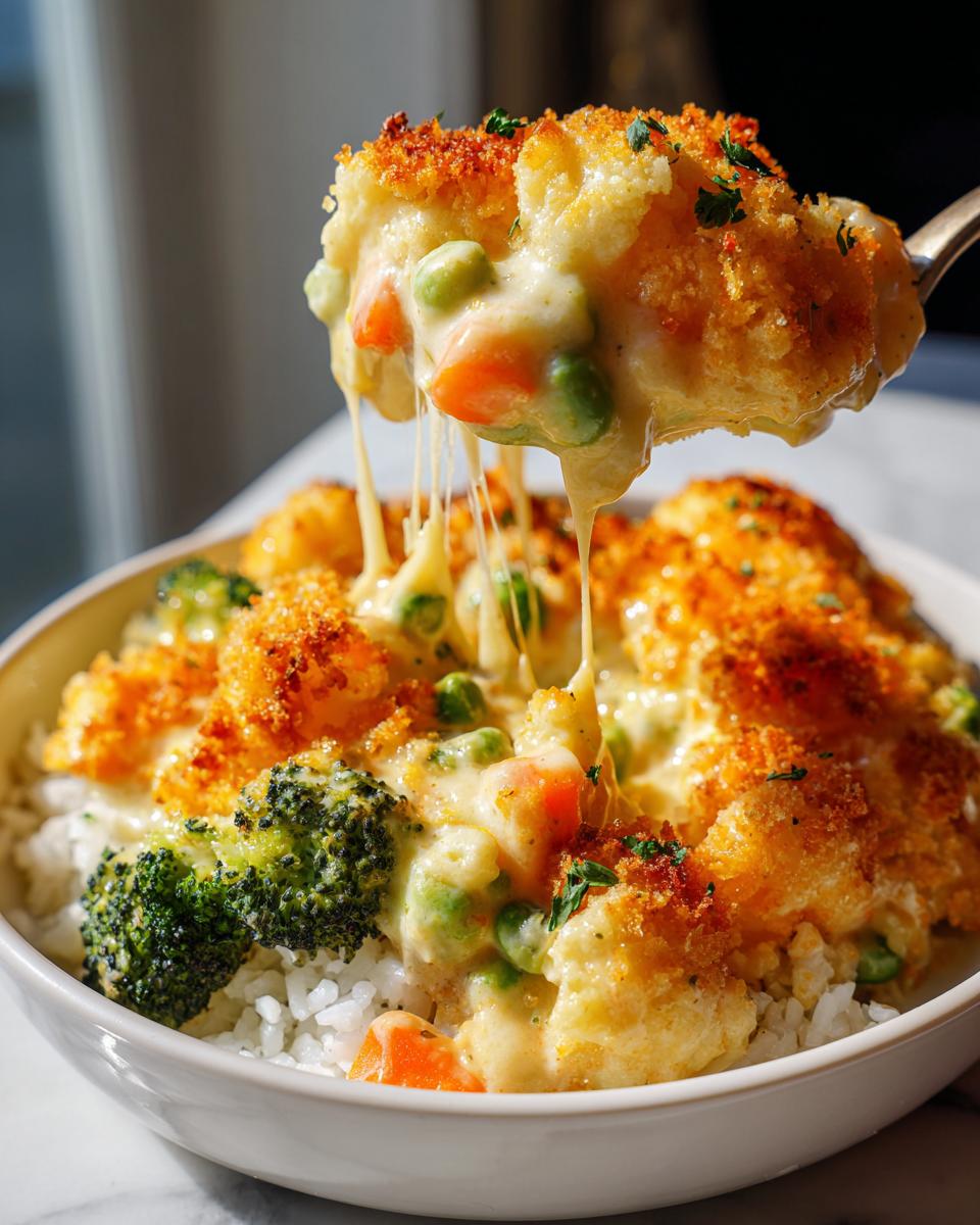 A spoonful of creamy vegetable casserole with melted cheese strings being lifted from a bowl over white rice.