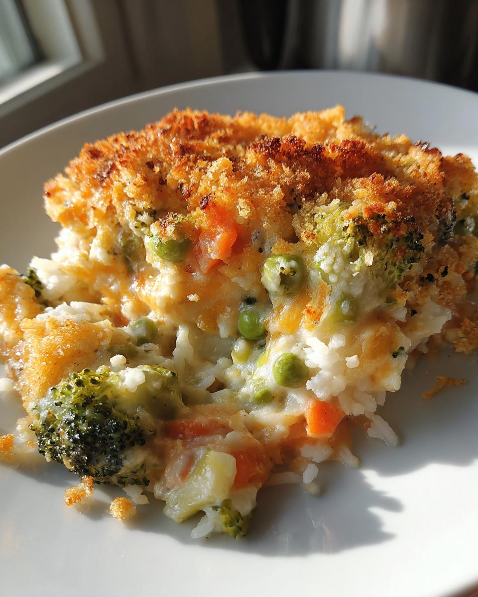 A close-up of a serving of creamy vegetable casserole with rice, broccoli, peas, and a golden, crunchy breadcrumb topping.