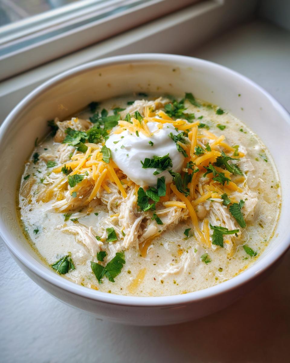 A close-up of creamy white chicken chili topped with shredded cheddar, sour cream, and fresh parsley.