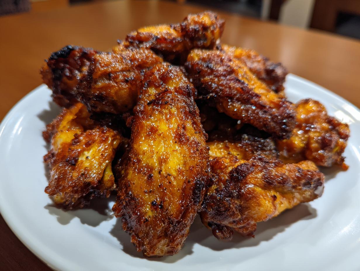 A close-up of several perfectly cooked, dark golden-brown crispy air fryer chicken wings piled on a white plate.
