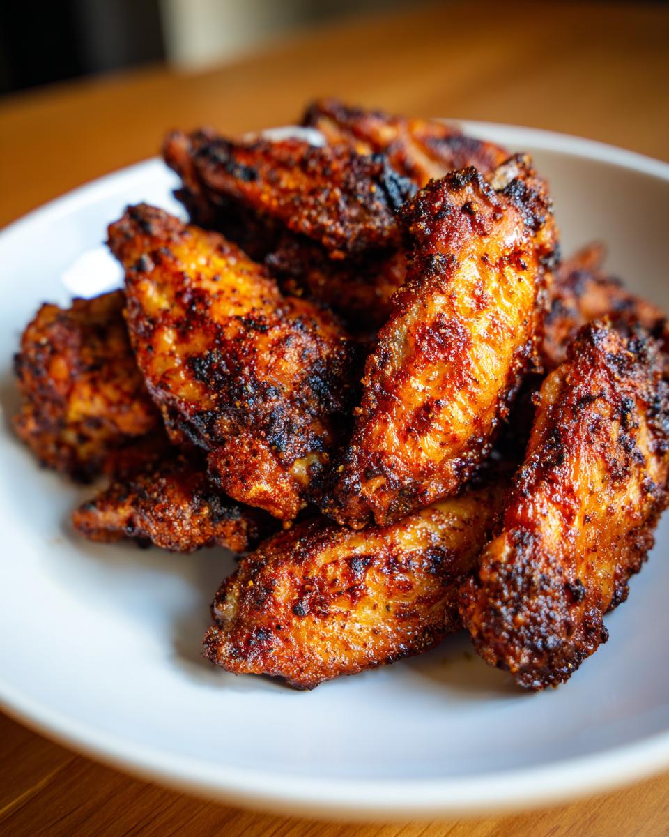 Close-up of a pile of perfectly seasoned and crispy air fryer chicken wings in a white bowl.