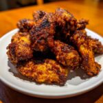 A close-up of a pile of dark, seasoned, and crispy air fryer chicken wings on a white plate.