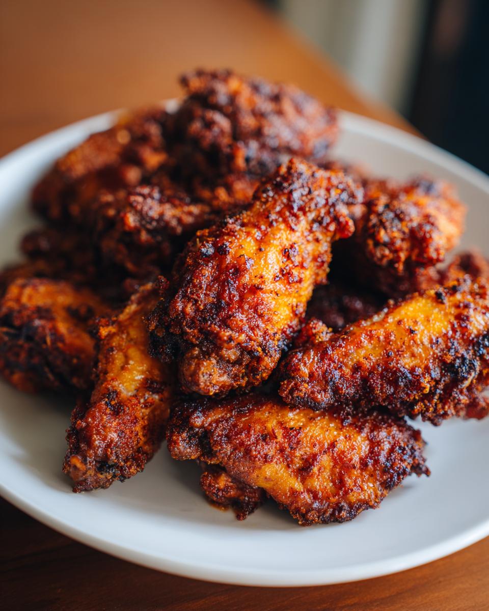 A close-up of a pile of deeply browned, crispy air fryer chicken wings served on a white plate.