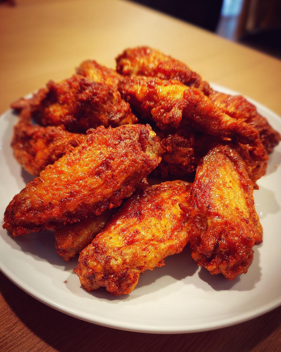 A close-up of a mound of perfectly seasoned and crispy air fryer chicken wings piled high on a white plate.