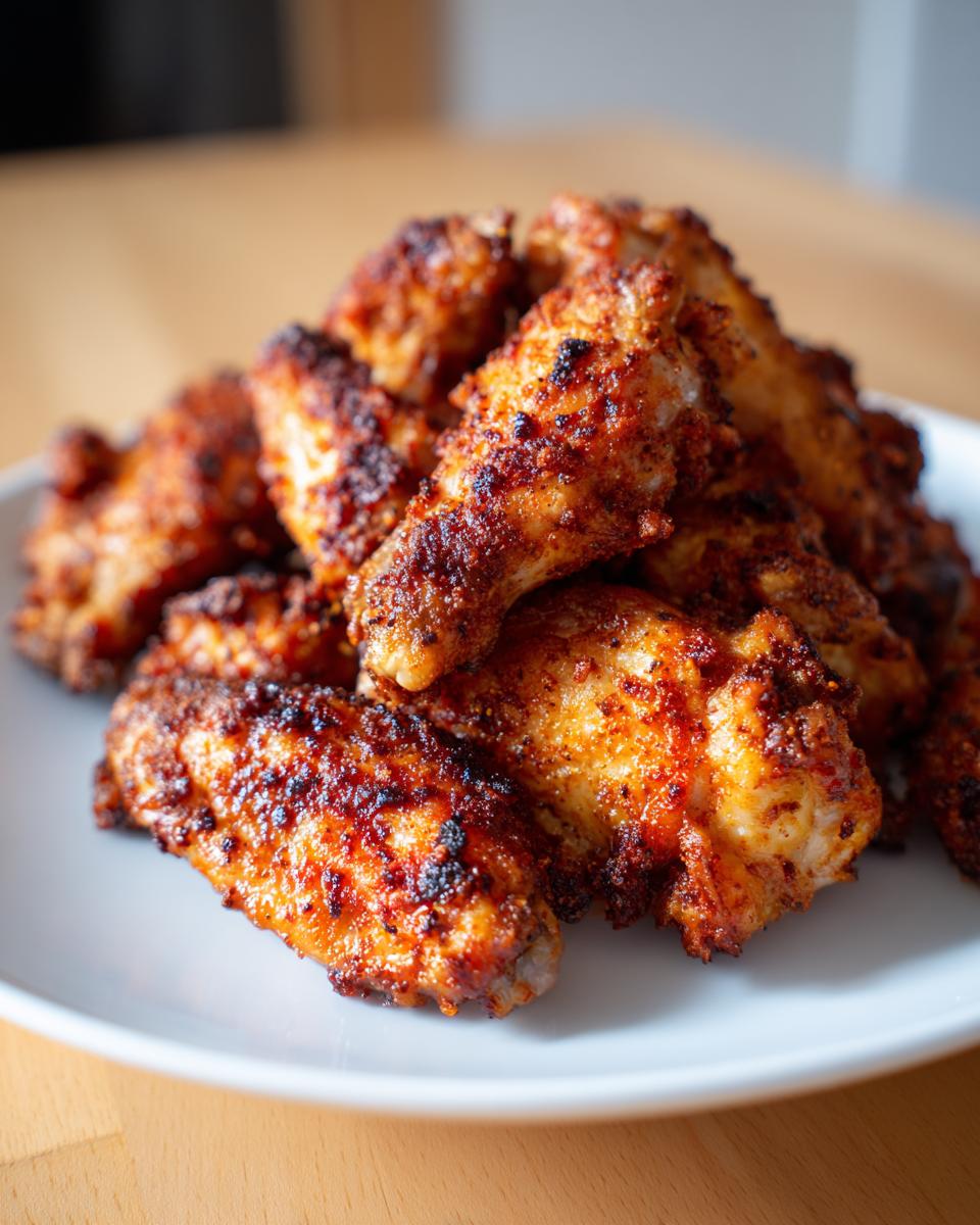 A close-up of a pile of perfectly seasoned and crispy air fryer chicken wings stacked on a white plate.