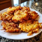 A pile of golden brown, crispy Amish Onion Fritters served on a white plate.