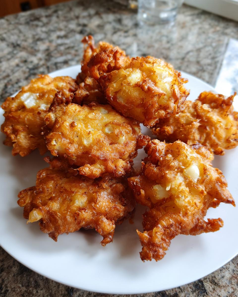 A pile of golden brown, crispy Amish Onion Fritters served on a white plate.