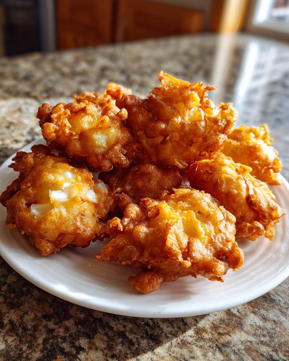 A pile of golden brown, crispy Amish Onion Fritters served on a small white plate.
