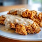 Close-up of two pieces of crispy, golden brown chicken fried steak smothered in creamy white pepper gravy.
