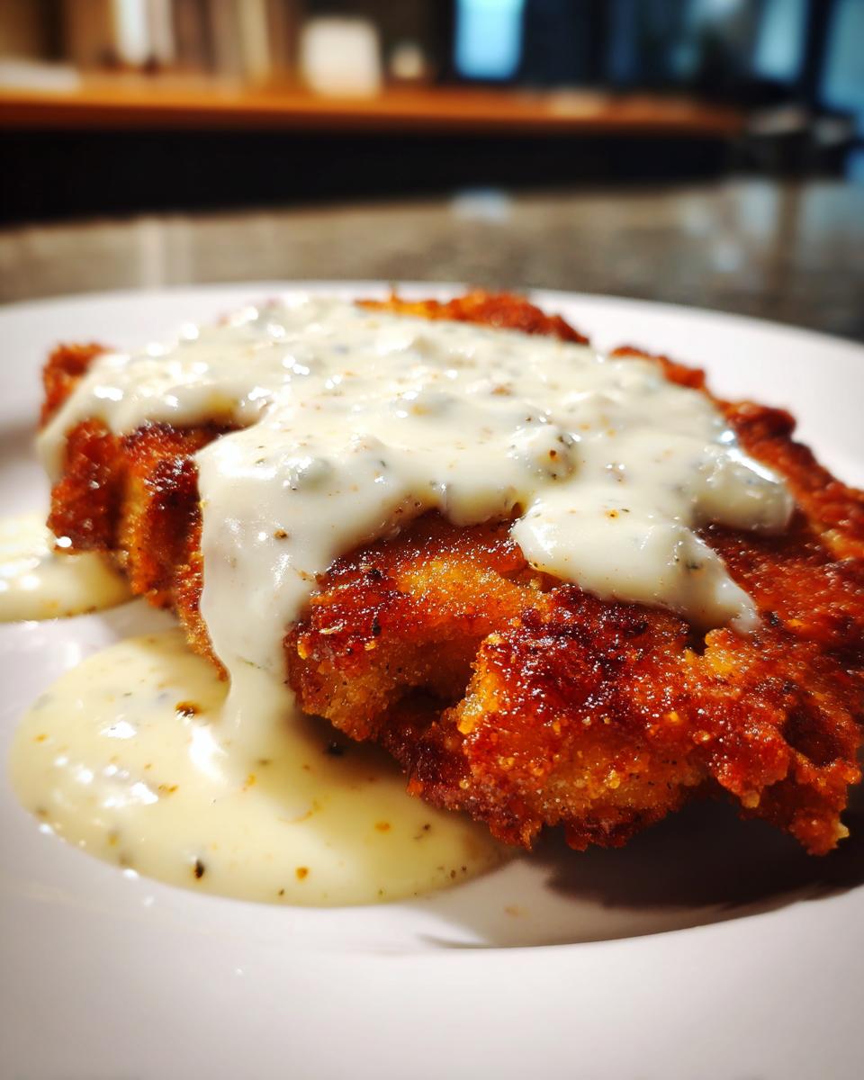 Close-up of crispy, golden brown chicken fried steak smothered in creamy, peppered white gravy.
