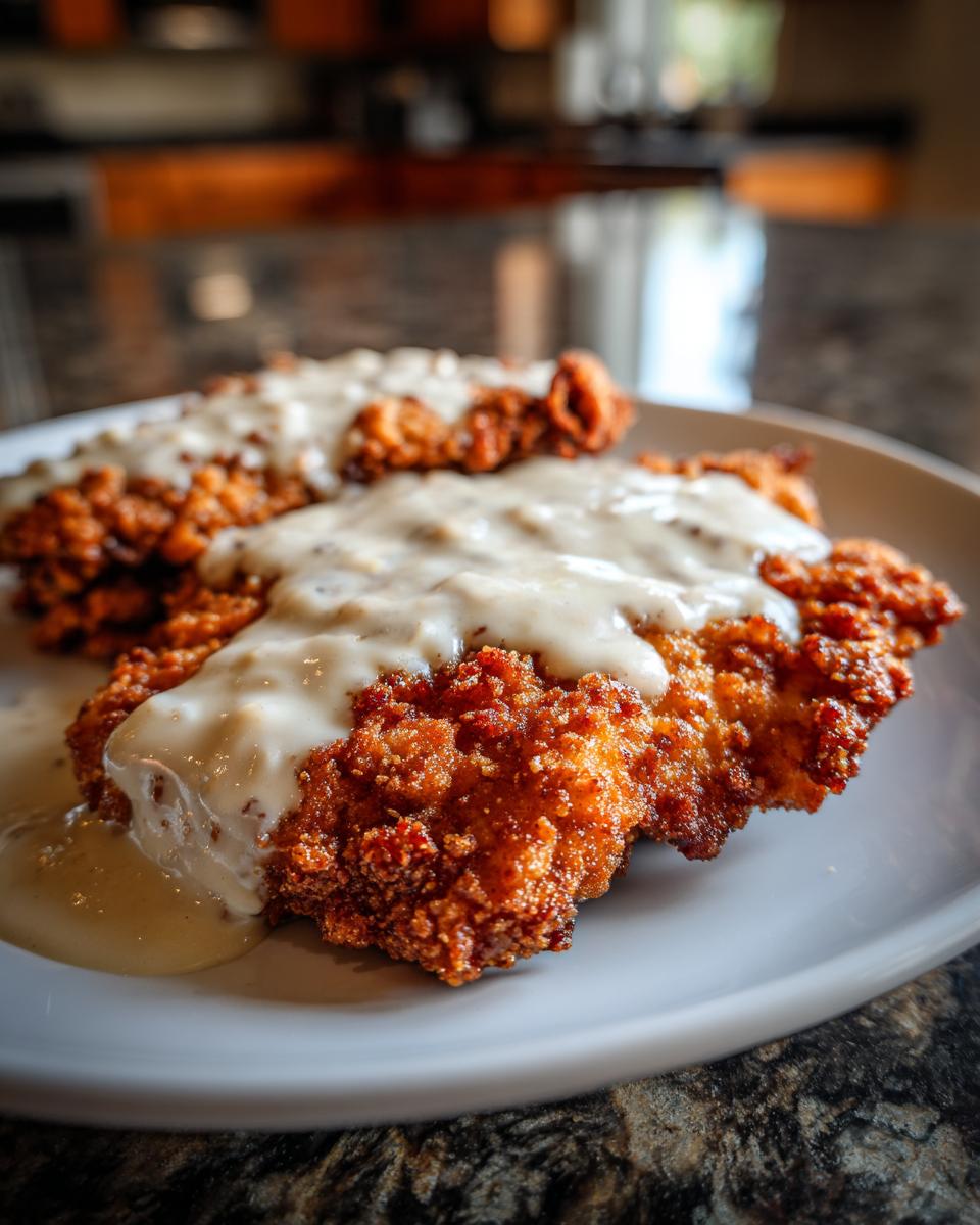 Two pieces of golden brown, crispy chicken fried steak smothered in white country gravy on a white plate.