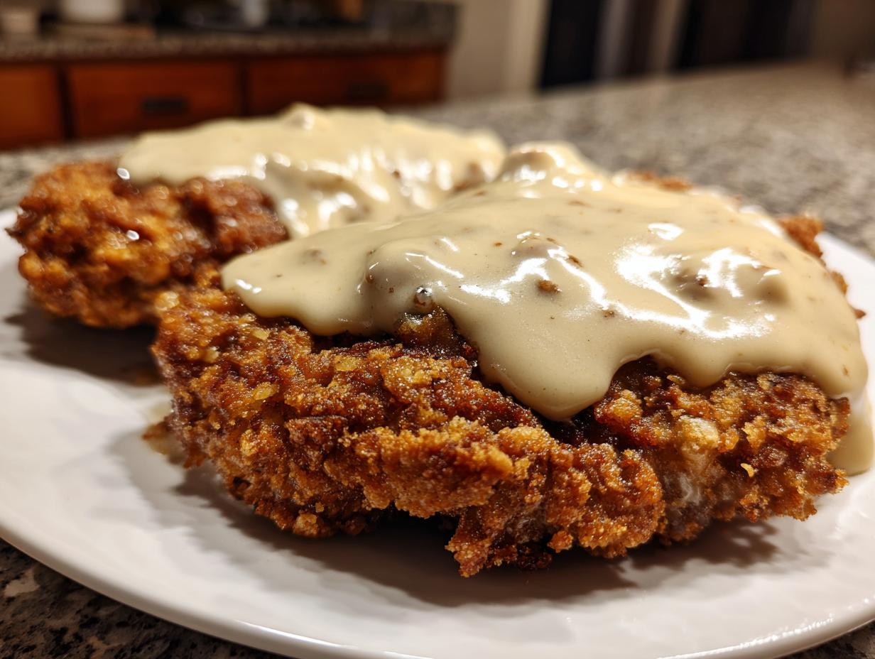 Close-up of two pieces of crispy, golden brown chicken fried steak smothered in thick, creamy country gravy.