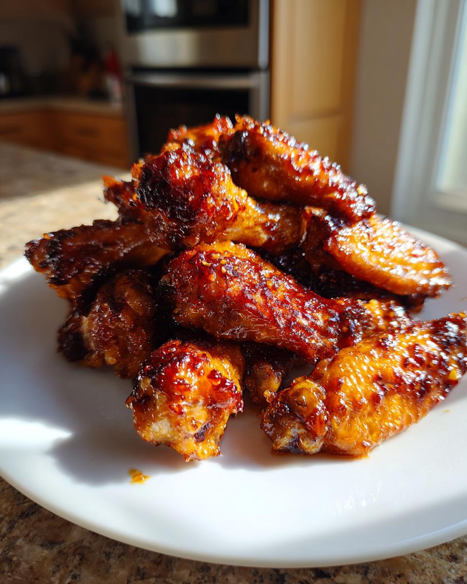 A pile of deeply caramelized, crispy chicken wing pieces glistening with a sticky glaze, served on a white plate.