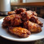 A pile of crispy, deeply caramelized, and glazed chicken wing pieces stacked on a white plate.