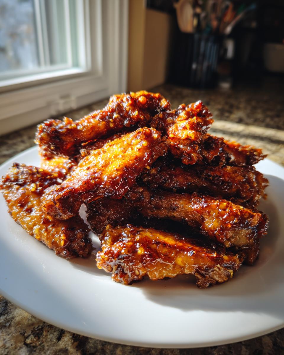 A pile of sticky, glazed chicken wing pieces catching sunlight on a white plate.