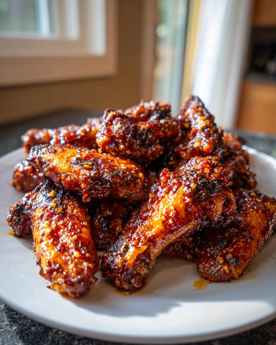 A pile of sticky, dark, and crispy glazed chicken wing pieces served on a white plate.
