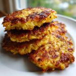 A stack of four golden-brown, crispy potato pancakes served on a white plate.