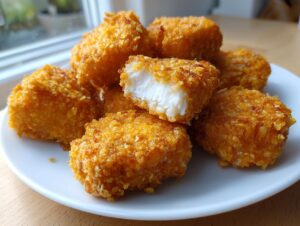 A pile of golden brown, crispy homemade chicken nuggets on a white plate, one nugget is broken open showing the white chicken inside.